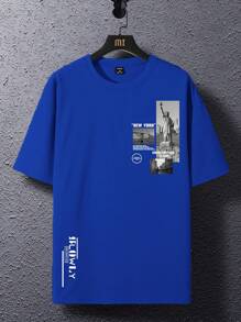 Manfinity Hypemode Loose Fit Men's Photo & Slogan Print Graphic T-Shirt - Blue - View 2