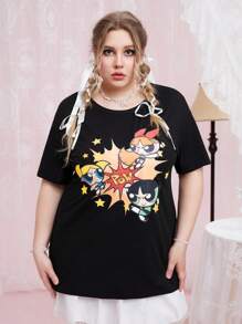 The Powerpuff Girls | ROMWE Plus Cartoon Graphic Drop Shoulder Tee - Black - View 1