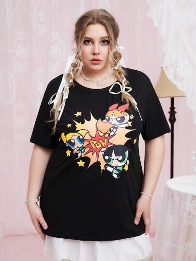 The Powerpuff Girls | ROMWE Camiseta De Talla Grande Con Dibujo De Caricatura Y Hombros Caídos