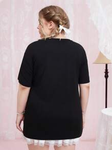 The Powerpuff Girls | ROMWE Plus Cartoon Graphic Drop Shoulder Tee - Black - View 2