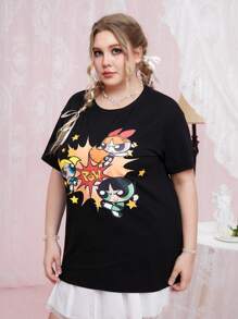 The Powerpuff Girls | ROMWE Plus Cartoon Graphic Drop Shoulder Tee - Black - View 3