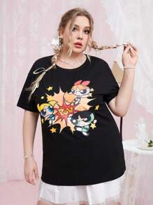 The Powerpuff Girls | ROMWE Plus Cartoon Graphic Drop Shoulder Tee - Black - View 4