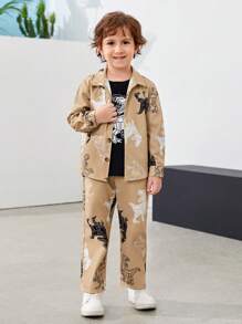 SHEIN Young Boy Dinosaur Print Shirt & Trousers & Tee - Multicolor - View 6