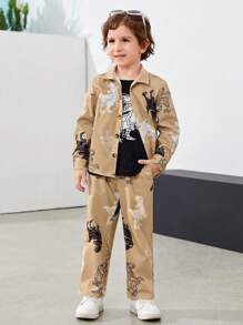SHEIN Young Boy Dinosaur Print Shirt & Trousers & Tee - Multicolor - View 4