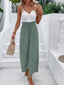 SHEIN Frenchy 碎花紙袋腰闊腿褲