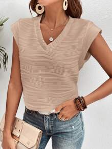 SHEIN Frenchy Solid V Neck Batwing Sleeve Tee - Apricot - View 1