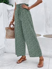 SHEIN Frenchy 碎花紙袋腰闊腿褲