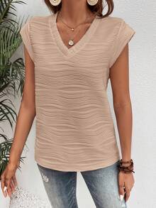 SHEIN Frenchy Solid V Neck Batwing Sleeve Tee - Apricot - View 3