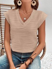 SHEIN Frenchy Solid V Neck Batwing Sleeve Tee - Apricot - View 5