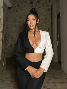 SHEIN SXY Two Tone Plunge Neck Crop Blazer - Black and White - View 1