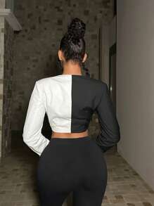 SHEIN SXY Two Tone Plunge Neck Crop Blazer - Black and White - View 2