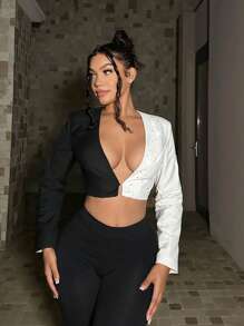 SHEIN SXY Two Tone Plunge Neck Crop Blazer - Black and White - View 4