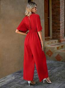 SHEIN LUNE Áo liền quần nữ Nút Dải chun màu trơn Thanh lịch - Đỏ - Xem 2