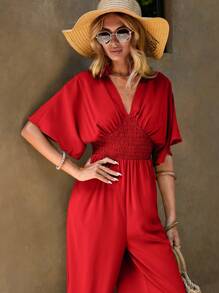 SHEIN LUNE Áo liền quần nữ Nút Dải chun màu trơn Thanh lịch - Đỏ - Xem 4