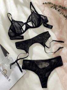 花卉蕾絲鏤空鋼圈吊帶襪內衣套裝 - 黑色 - 查看 1