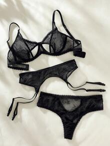 花卉蕾絲鏤空鋼圈吊帶襪內衣套裝 - 黑色 - 查看 2