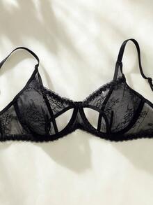 花卉蕾絲鏤空鋼圈吊帶襪內衣套裝 - 黑色 - 查看 3