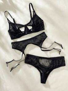 花卉蕾絲鏤空鋼圈吊帶襪內衣套裝 - 黑色 - 查看 5