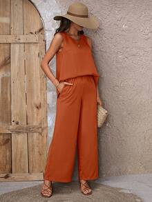 SHEIN LUNE 素色背心上衣和闊腿褲 - 亮橙色 - 查看 3