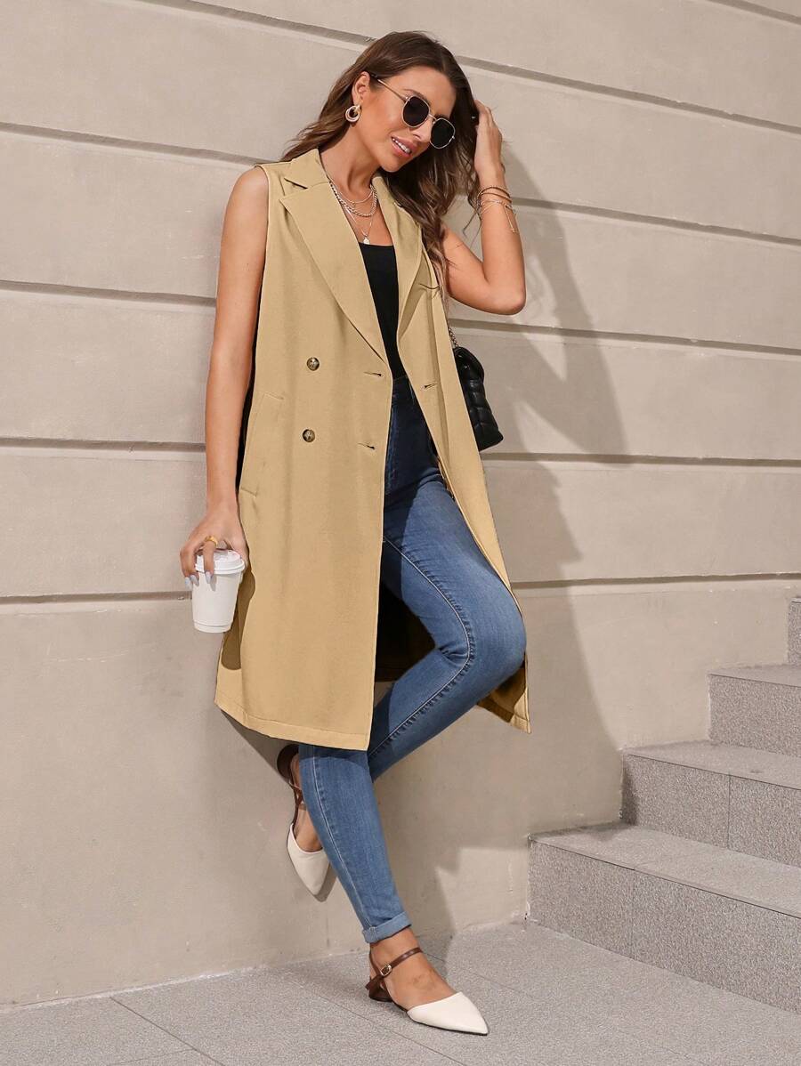 SHEIN LUNE 西裝領雙排釦馬甲西裝外套 - 駝色 - 查看 1