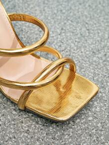 Women's New Square Toe High Heel Sandals, Lace-Up Half-Circle Metallic Color Minimalist Gold Dress Sandals, Fashion & Elegant Party Formal Shoes