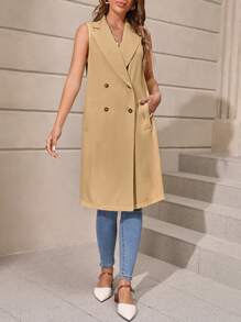 SHEIN LUNE 西裝領雙排釦馬甲西裝外套 - 駝色 - 查看 5