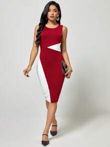 SHEIN LUNE Two Tone Bodycon Dress - Red and White - View 1