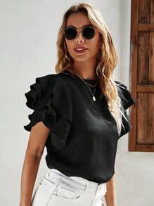 SHEIN LUNE Solid Ruffle Trim Keyhole Back Blouse - Black - View 2