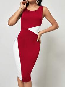 SHEIN LUNE Two Tone Bodycon Dress - Red and White - View 5