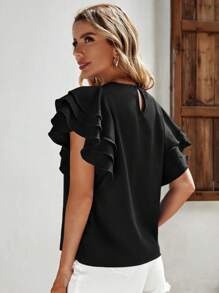 SHEIN LUNE Solid Ruffle Trim Keyhole Back Blouse - Black - View 3