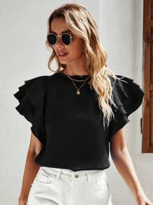 SHEIN LUNE Solid Ruffle Trim Keyhole Back Blouse - Black - View 4