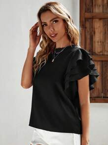 SHEIN LUNE Solid Ruffle Trim Keyhole Back Blouse - Black - View 6