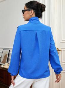SHEIN Privé 褶邊繫帶領荷葉袖襯衫 - 藍色 - 查看 2