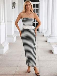 SHEIN Privé Sọc Viền rìa Ống ngọn & Váy - Nhiều màu - Xem 5