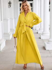 SHEIN Privé 荷葉袖前打結襯衫和喇叭半身裙 - 黃色 - 查看 3