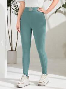 Mulvari Letter Patched Detail Ribbed Knit Leggings - Mint Green - View 7