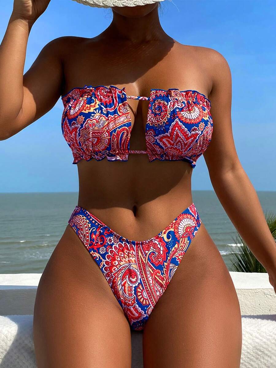 Bộ Bikini Nữ viền lá sen Lộ Lưng Xù nhỏ Buộc lại Paisley - Nhiều màu - Xem 1