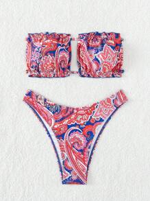 Bộ Bikini Nữ viền lá sen Lộ Lưng Xù nhỏ Buộc lại Paisley - Nhiều màu - Xem 3