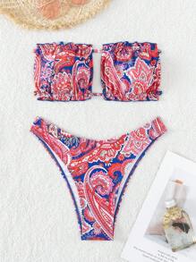 Bộ Bikini Nữ viền lá sen Lộ Lưng Xù nhỏ Buộc lại Paisley - Nhiều màu - Xem 7