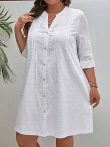 SHEIN Frenchy 大碼圓點前紐扣捲邊袖襯衫連衣裙 - 白色 - 查看 5