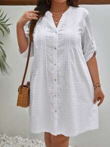 SHEIN Frenchy 大碼圓點前紐扣捲邊袖襯衫連衣裙 - 白色 - 查看 7