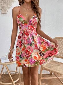 SHEIN VCAY 印花後背繫帶吊帶連衣裙 - 彩色 - 查看 4
