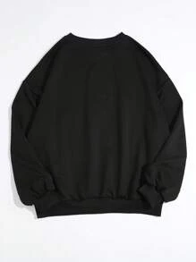 SHEIN EZwear 女式休闲超大热印花圆领长袖运动衫，男女通用 - 黑色 - 查看 5