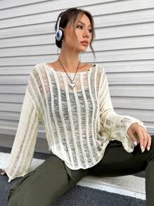 SHEIN EZwear 落肩袖鏤空針織套頭毛衣不附吊帶上衣 - 米色 - 查看 5