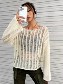 SHEIN EZwear 落肩袖鏤空針織套頭毛衣不附吊帶上衣 - 米色 - 查看 3