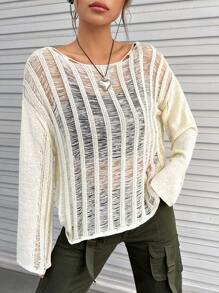 SHEIN EZwear 落肩袖鏤空針織套頭毛衣不附吊帶上衣 - 米色 - 查看 1