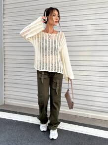 SHEIN EZwear 落肩袖鏤空針織套頭毛衣不附吊帶上衣 - 米色 - 查看 6