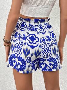 SHEIN VCAY Floral Print Paperbag Waist Tassel Tie Front Shorts