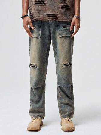 Grunge Punk بنطلون جينز كارجو قطن بتفاصيل سستة جيب قلاب للشباب