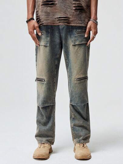 Grunge Punk بنطلون جينز كارجو قطن بتفاصيل سستة جيب قلاب للشباب